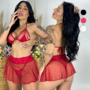Conjunto Saia Lingerie Tule Sexy Feminino Sensual Calcinha e Sutiã Fio Dental Luxo - Oferta na Shopee