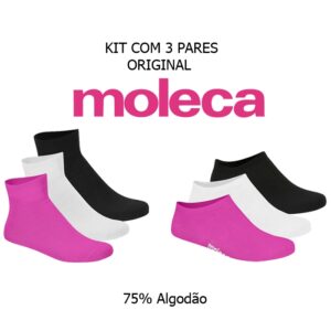 Kit 3 pares Meia Moleca Original com NF 75% Algodão Invisível ou Cano Médio Calça do 33 ao 40 - Oferta na Shopee