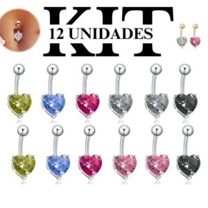 Kit 12 Unidades Piercing Umbigo Colorido Aço Cirúrgico Pedrinha Formado Coração - Oferta na Shopee