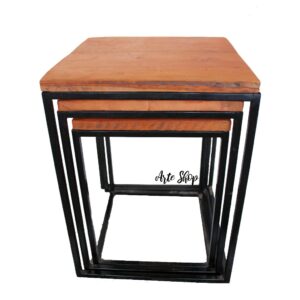 Kit Banco Quadrado Trio Ninho de Encaixe 3 Peças  mesa canto Rústico Ferro e Madeira - Oferta na Shopee