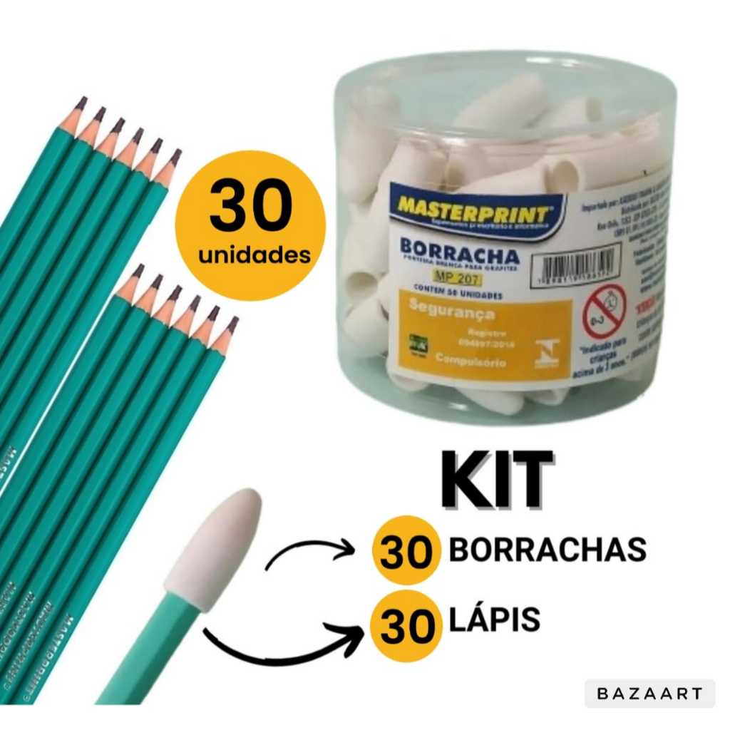 Kit 30 Lápis de Escrever Nº2 Preto + 30 Borracha Escolar Ponteira Branca Masterprint Kit 30 Lápis de Escrever Nº2 Preto + 30 Borracha Escolar Ponteira Branca Masterprint