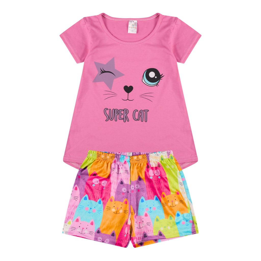 Conjunto Infantil Menina blusa 1 sortida + 1 shorts estampa gato 1 ao 14 Cores e modelos sortidos Conjunto Infantil Menina blusa 1 sortida + 1 shorts estampa gato 1 ao 14 Cores e modelos sortidos