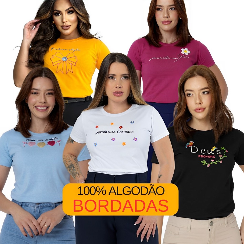kit 5 Blusas Camiseta Bordadas Estampa Variadas T-shirt Feminina Blusas Casual 100% Algodão kit 5 Blusas Camiseta Bordadas Estampa Variadas T-shirt Feminina Blusas Casual 100% Algodão - Oferta na Shopee