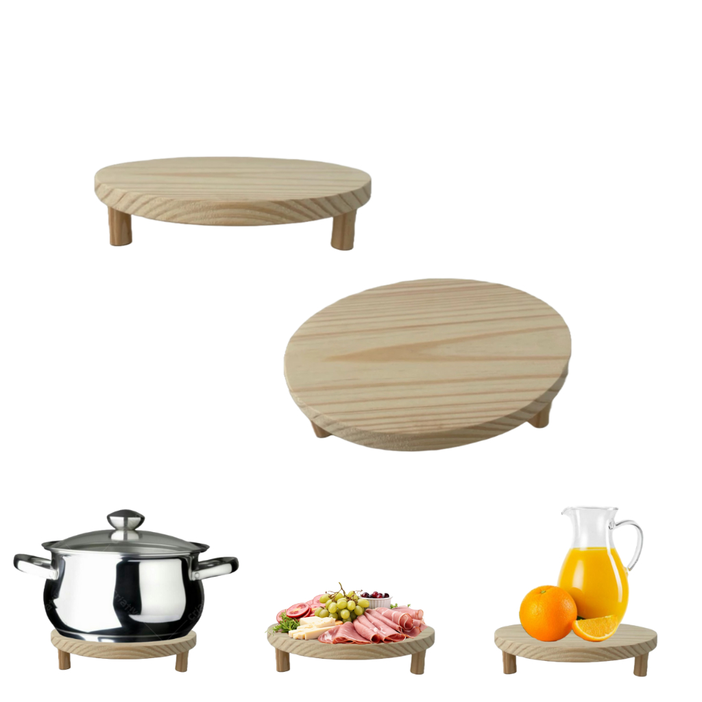 Tábua Redonda Madeira Pinus 20cm com Pé | Para Frios, Queijos, Petiscos, Churrasco e Decoração Tábua Redonda Madeira Pinus 20cm com Pé | Para Frios
