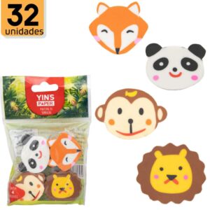 32 Borrachas Escolar Ponteiras Yins Bichinhos Raposa Panda leão Macaco YINS PAPER - Oferta na Shopee