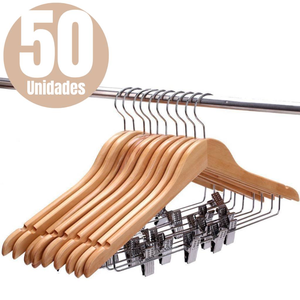 Kit 50 Cabides Madeira Presilha Marfim Envernizado Premium Adulto Atacado Saia Vestido Calça Kit 50 Cabides Madeira Presilha Marfim Envernizado Premium Adulto Atacado Saia Vestido Calça