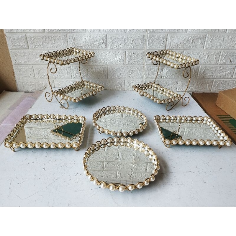 bandejas espelhadas kits com 6 peças modelo luxo pedrarias ou pérolas bandejas espelhadas kits com 6 peças modelo luxo pedrarias ou pérolas - Oferta na Shopee