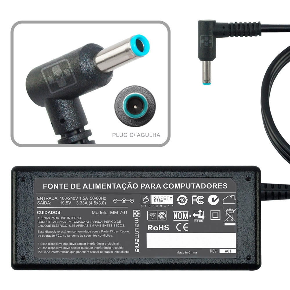 Fonte AAA005 Carregador Compativel Com HP 19.5V/ 3.33A/ 65W Pino – 4.5×3.0mm Fonte AAA005 Carregador Compativel Com HP 19.5V/ 3.33A/ 65W Pino – 4.5×3.0mm