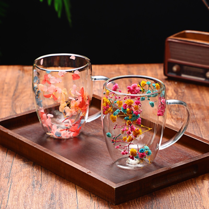 Xícara De Vidro De Parede Dupla Com Flor Seca Caneca Xícara De Vidro De Parede Dupla Com Flor Seca Caneca