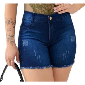 Short Jeans Feminino Cintura Alta com Lycra Barra Desfiada - Oferta na Shopee