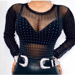 Body Tule Pedraria Transparente Manga Longa Brilho strass - Oferta na Shopee
