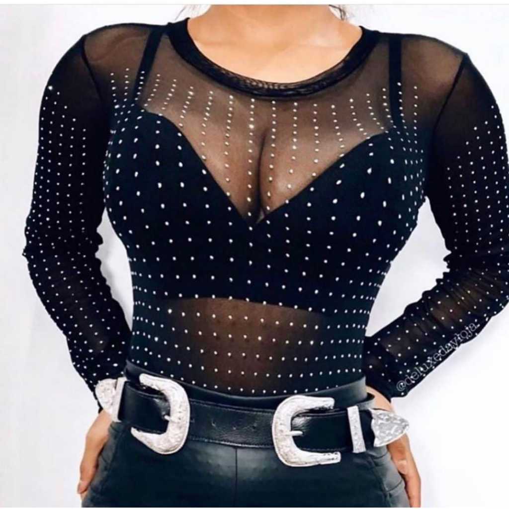 Body Tule Pedraria Transparente Manga Longa Brilho strass Body Tule Pedraria Transparente Manga Longa Brilho strass