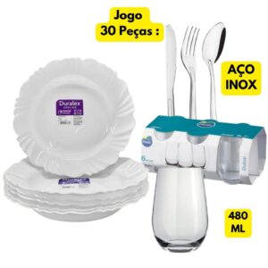 Aparelho 30 Peças Jantar 06 Pratos Fundo Pétala+06 Copos+18 Talheres Oriente Aço Inox Original Line - Oferta na Shopee