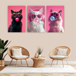Quadro decorativo 3 peças gato gatos chiclete fone de ouvido decoração rosa para sala quarto loja - Oferta na Shopee