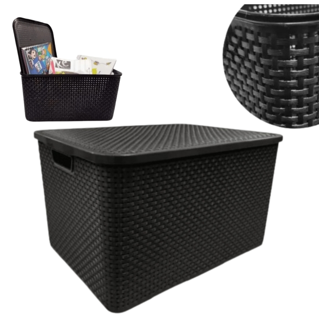 Caixa Organizadora 7L Rattan Preto Cesto Organizador Com Tampa Multiuso Brinquedos Cosméticos Roupas Caixa Organizadora 7L Rattan Preto Cesto Organizador Com Tampa Multiuso Brinquedos Cosméticos Roupas