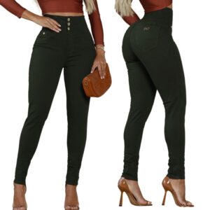 Calça modeladora feminina jeans Cós cintura alta colorida preto e branco LAYCRA vermelho bege verde - Oferta na Shopee