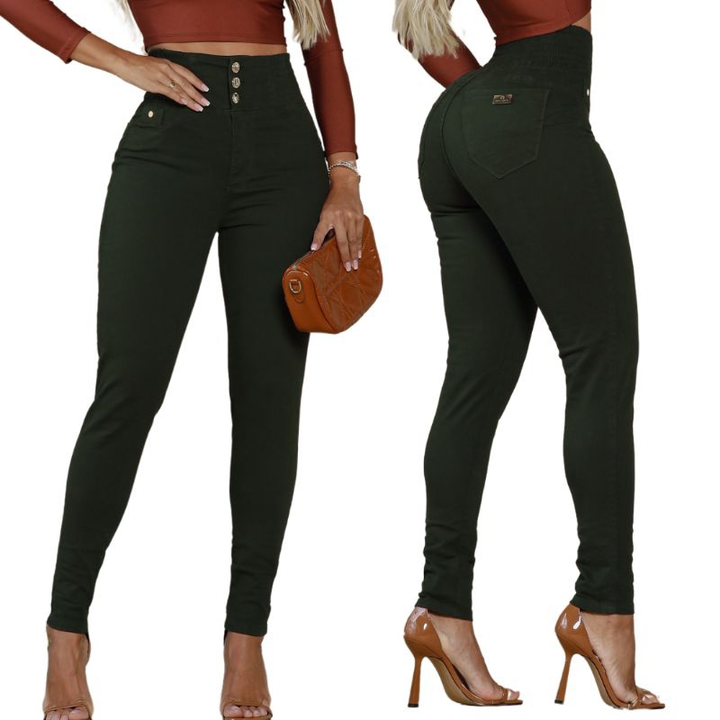 Calça modeladora feminina jeans Cós cintura alta colorida preto e branco LAYCRA vermelho bege verde Calça modeladora feminina jeans Cós cintura alta colorida preto e branco LAYCRA vermelho bege verde - Oferta na Shopee