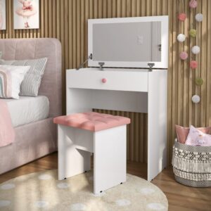 Penteadeira Escrivaninha Mesa Camarim Com Espelho e Gaveta e  Banqueta Branca MOANA - Oferta na Shopee