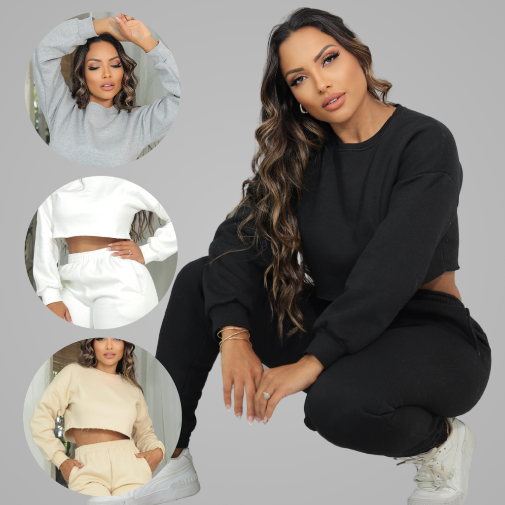 Conjunto Feminino Moletom Cropped Flanelado Blusa e Calça Jogger Liso Inverno Conjunto Feminino Moletom Cropped Flanelado Blusa e Calça Jogger Liso Inverno - Oferta na Shopee