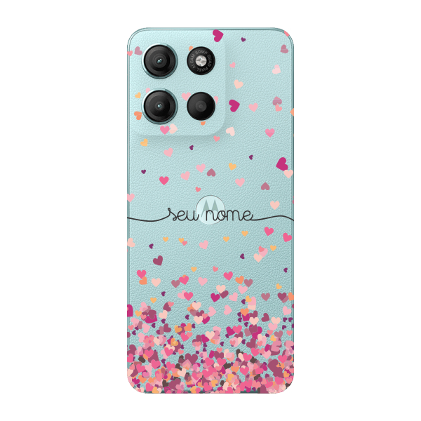 Capinha para Moto G15 Anti Impacto Personalizada - Chuva de corações rosa com nome Capinha para Moto G15 Anti Impacto Personalizada - Chuva de corações rosa com nome - Oferta na Shopee