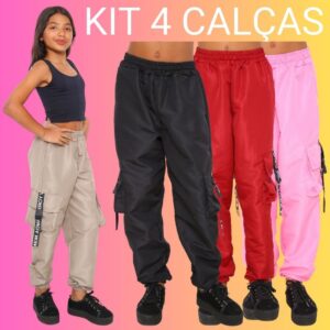 OFERTA KIT 4 Calça Jogger Infantil Feminina Para Meninas Estilosas Calça Cargo 4 Bolso Tecido Tactel Moda Crianças - Oferta na Shopee