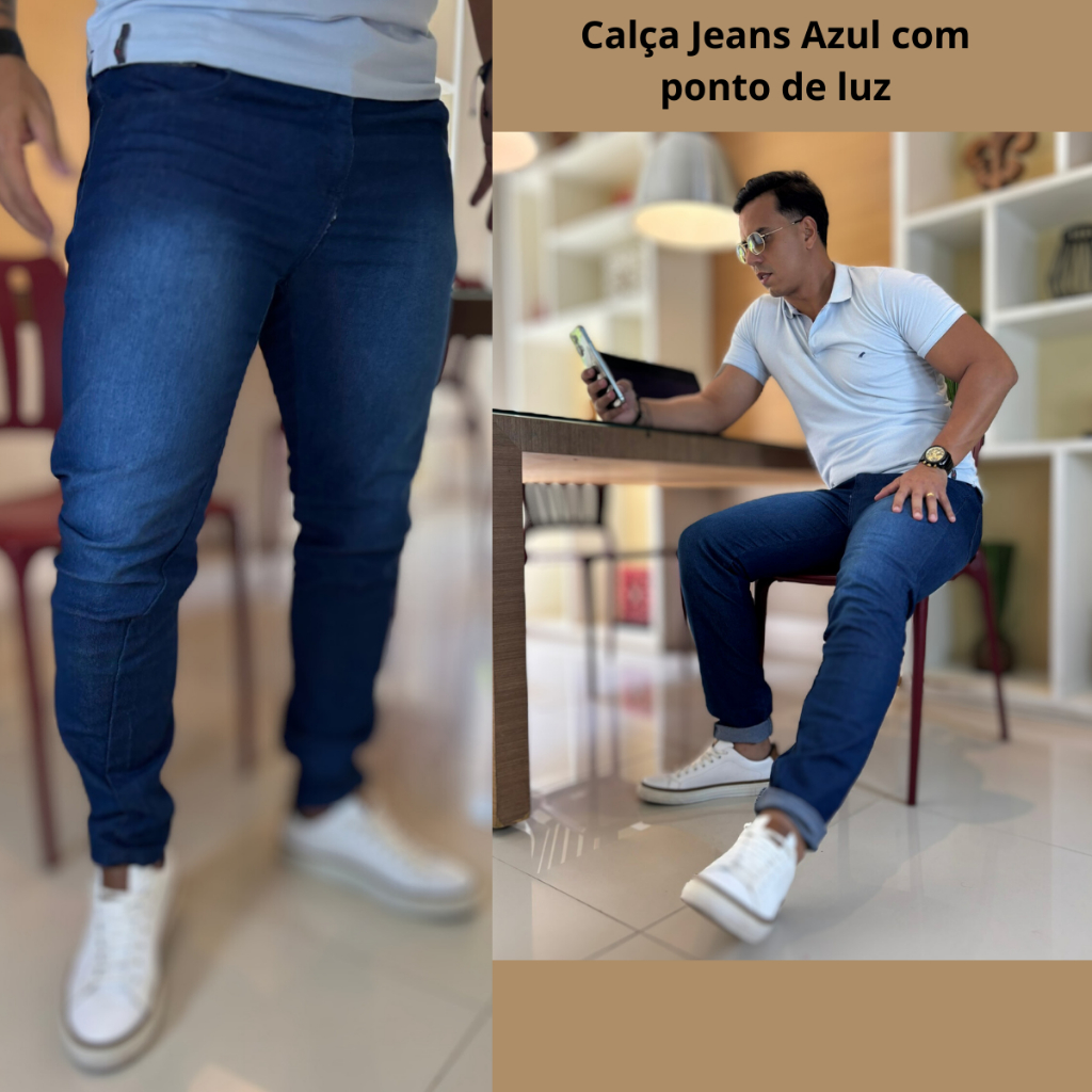 Calça Masculina Jeans Azul Used Casual Lycra Elastano Slim Premium Sarja Presente Pai Calça Masculina Jeans Azul Used Casual Lycra Elastano Slim Premium Sarja Presente Pai