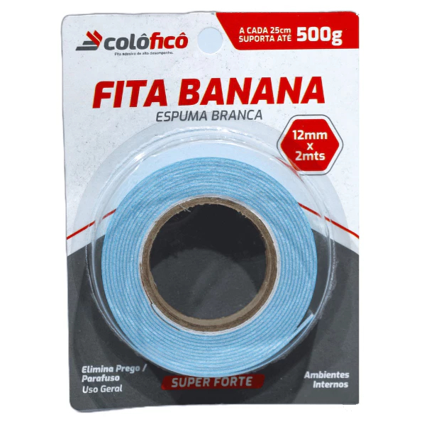 Fita Banana Dupla Face c/ Espuma 12mm X 2mt Suporta Até 500g - Colôficô Fita Banana Dupla Face c/ Espuma 12mm X 2mt Suporta Até 500g - Colôficô - Oferta na Shopee