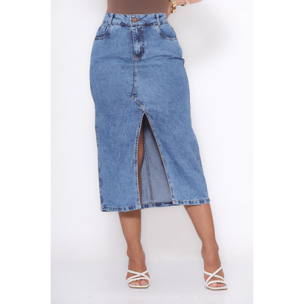 Saia Jeans Longa Midi Bolso Evangélica Saia Jeans Longa Midi Bolso Evangélica - Oferta na Shopee