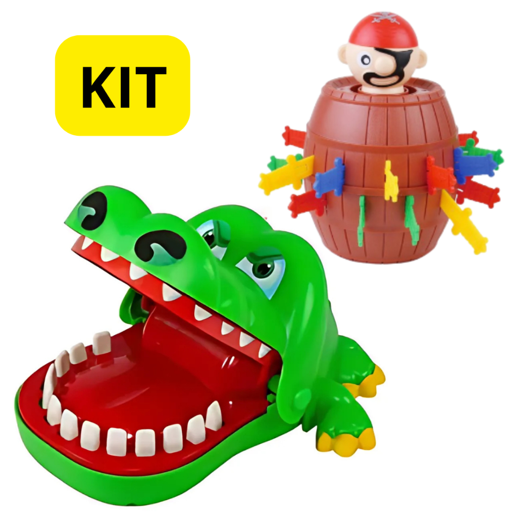 Kit Brinquedos Jogos Jacaré Crocodilo Morde Dedo e Barril Pula Pirata Jogos de Tabuleiro Mesa Infantil Educativo Kit Brinquedos Jogos Jacaré Crocodilo Morde Dedo e Barril Pula Pirata Jogos de Tabuleiro Mesa Infantil Educativo