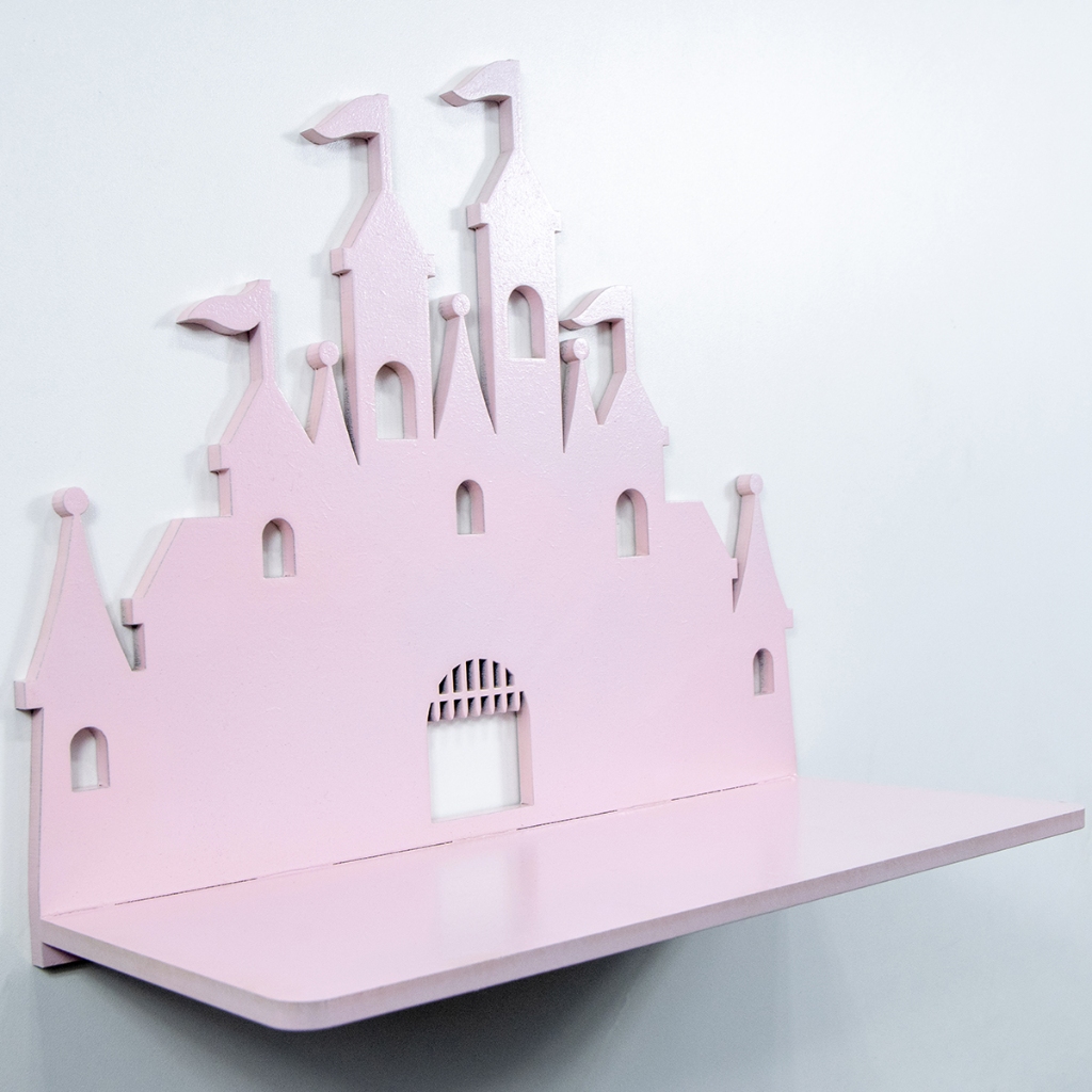 Prateleira infantil castelo rosa, ideal para quarto de princesa e organização de brinquedos e livros Prateleira infantil castelo rosa
