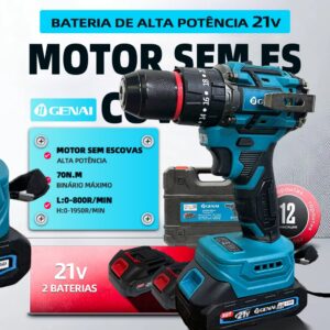 Brushless 3/8" Parafusadeira Furadeira Impacto 21V 02 Baterias + Maleta - Oferta na Shopee
