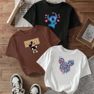 kit3 Camisetas feminina de algodão Stitch Mikey flores