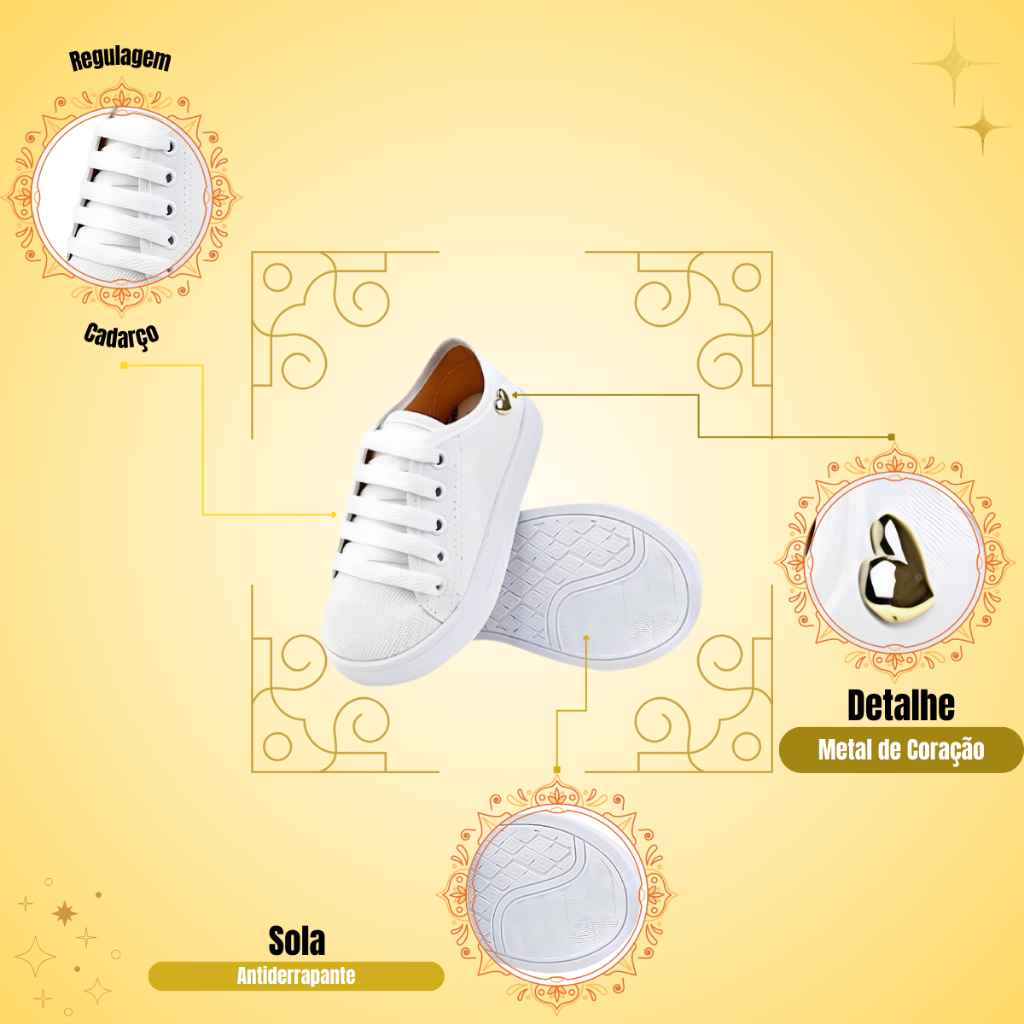 Tênis Infantil Menina com Cadarço e Coração Dourado – Confortável e Estiloso Tênis Infantil Menina com Cadarço e Coração Dourado – Confortável e Estiloso