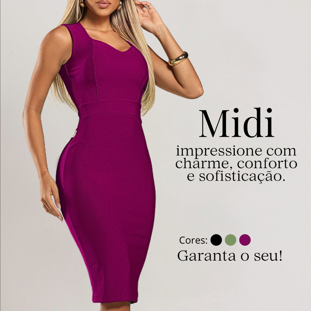 Vestido Midi Justo Tubinho Feminino Elegante Festa, Trabalho Vestido Midi Justo Tubinho Feminino Elegante Festa, Trabalho