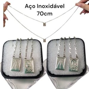 colar escapulário em aço 100% inoxidável inox prata 70cm unisex Jesus/ Aparecida/ Carmo - Oferta na Shopee