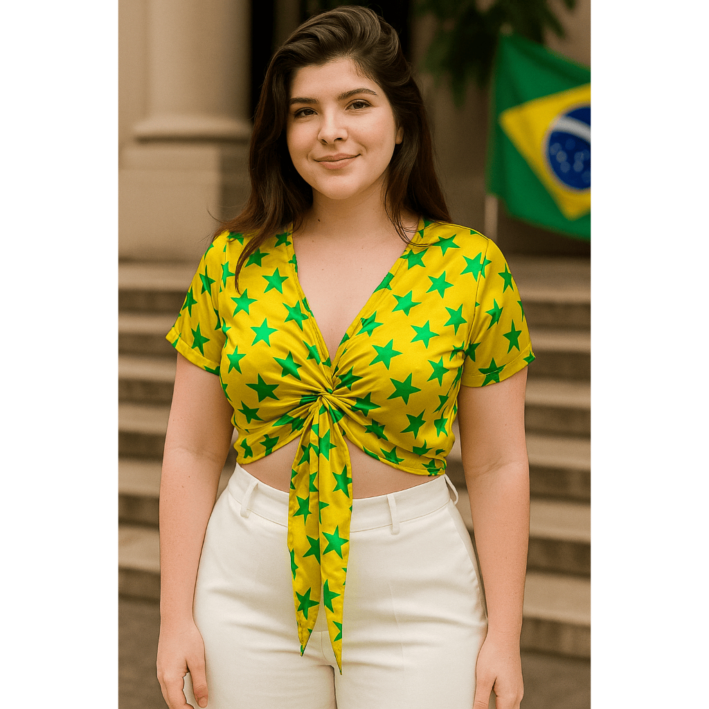Blusa Cropped Feminina Brasil Copa Eleição Verde e Amarela Cetim Com Amarração Blusa Cropped Feminina Brasil Copa Eleição Verde e Amarela Cetim Com Amarração - Oferta na Shopee