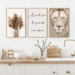 Kit 3 Quadros Decorativos Leão Frase Motivacional e Pampas – Estilo Boho Minimalista Sala Quarto - Oferta na Shopee