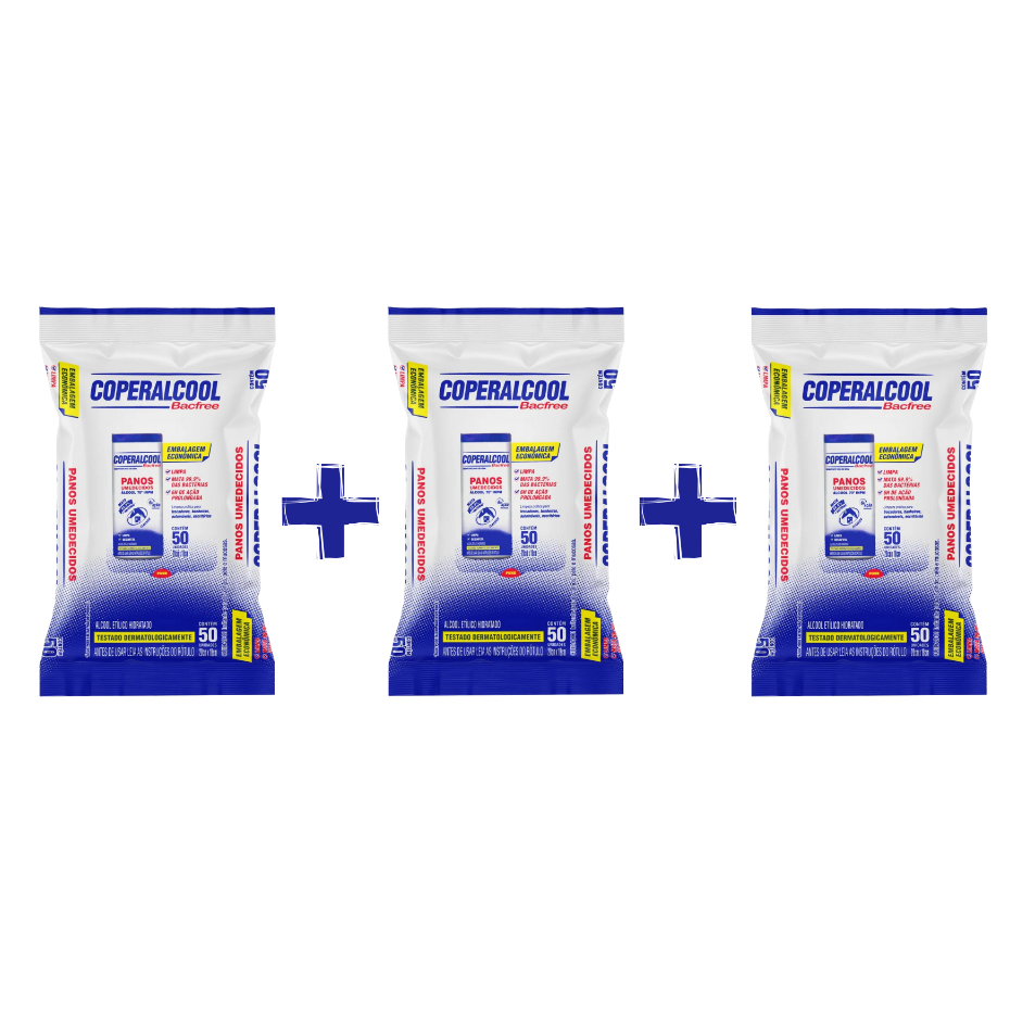 Kit 3 Lenços Umedecidos Coperalcool Bacfree 50un 70° Kit 3 Lenços Umedecidos Coperalcool Bacfree 50un 70°