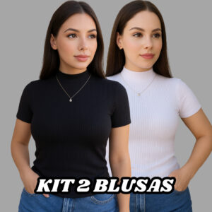 Kit 2 Blusa Canelada Feminina Gola Alta Manga Curta - Oferta na Shopee