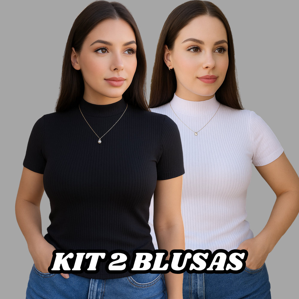 Kit 2 Blusa Canelada Feminina Gola Alta Manga Curta Kit 2 Blusa Canelada Feminina Gola Alta Manga Curta - Oferta na Shopee