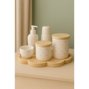 Kit Higiene Bebê Porcelana Bandeja Nuvem Garrafa Termica Molhadeira Porta Algodão Cotonete - Oferta na Shopee
