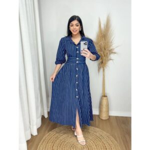 vestido mídi camisa com botões funcional azul-marinho