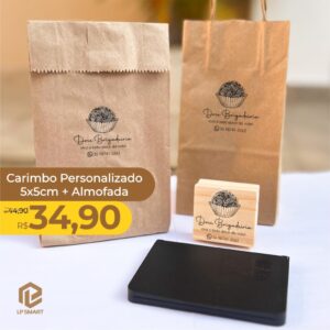 Kit Carimbo Personalizado 5x5cm + Almofada nº 3 já com Tinta para sacolas
