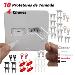 10 Protetores de Tomada  e 4 Chavinhas Segurança bebê Cores - Oferta na Shopee