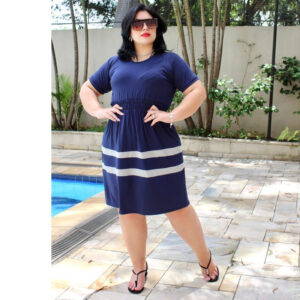 Vestido feminino Cintura Ajustável e Barra Combinada gola redondo - Oferta na Shopee
