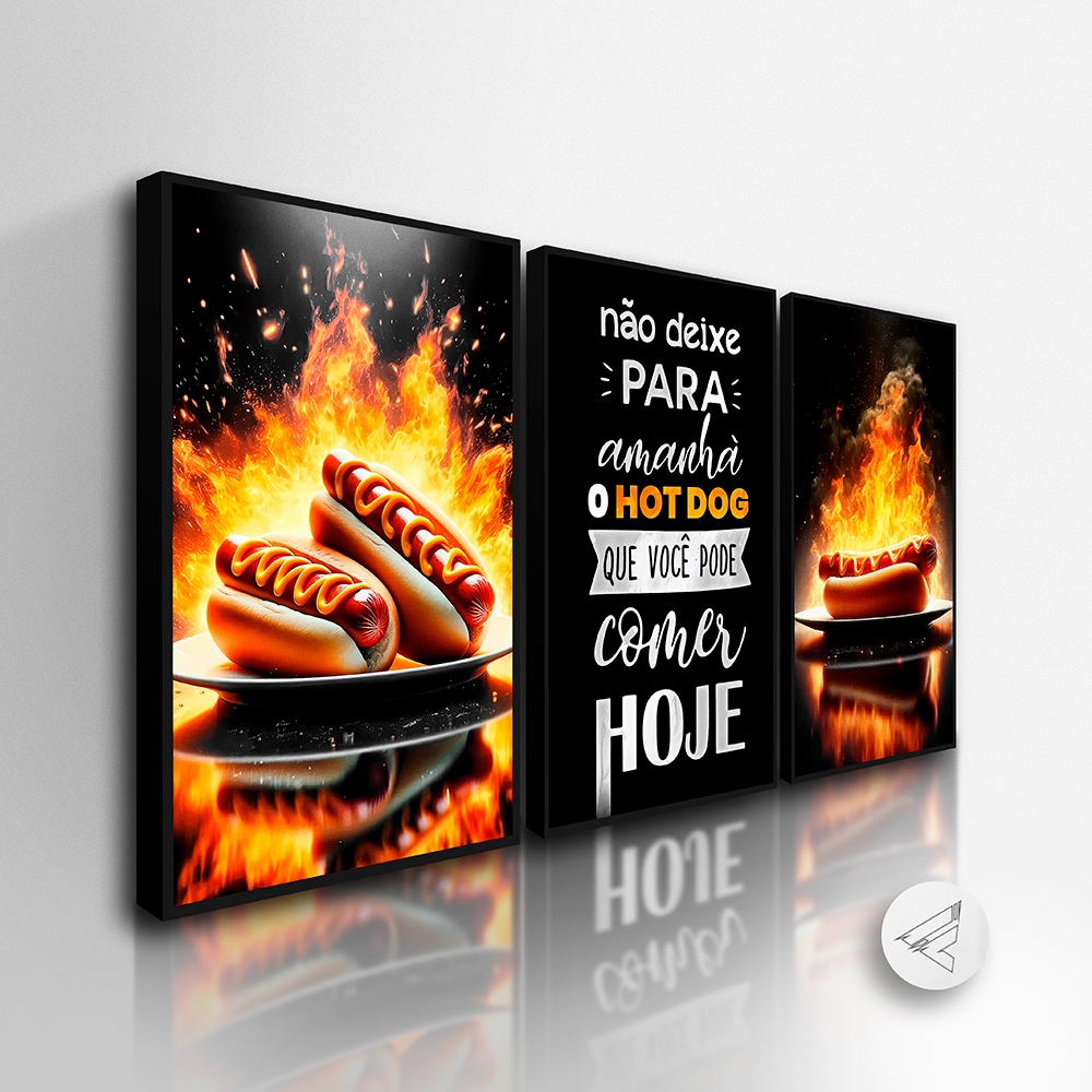 Kit 3 Quadros Decorativos Hot Dog para lanchonete, com Frase Personalizada! Kit 3 Quadros Decorativos Hot Dog para lanchonete