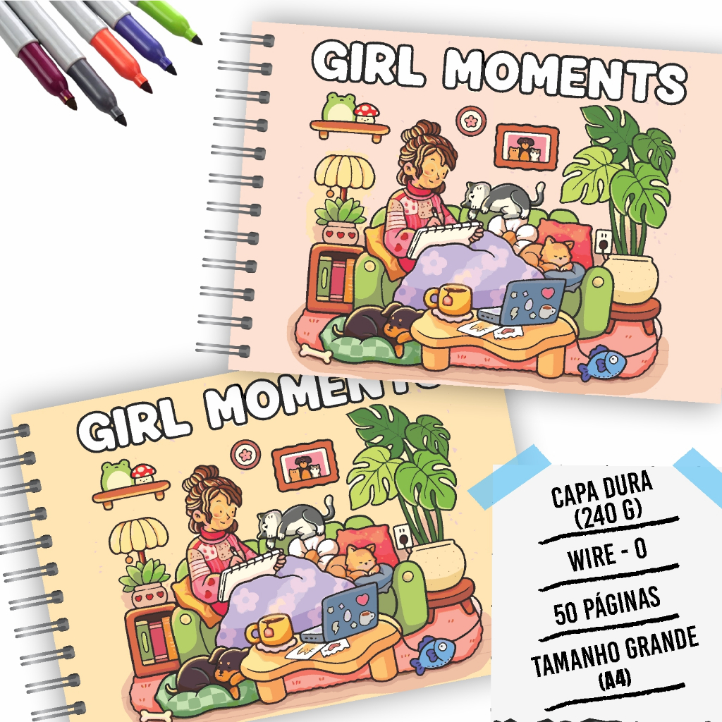 Livro de Colorir Girl Moments Tamanho Grande 20x30cm Capa Dura Flexível Wire-o Livro de Colorir Girl Moments Tamanho Grande 20x30cm Capa Dura Flexível Wire-o