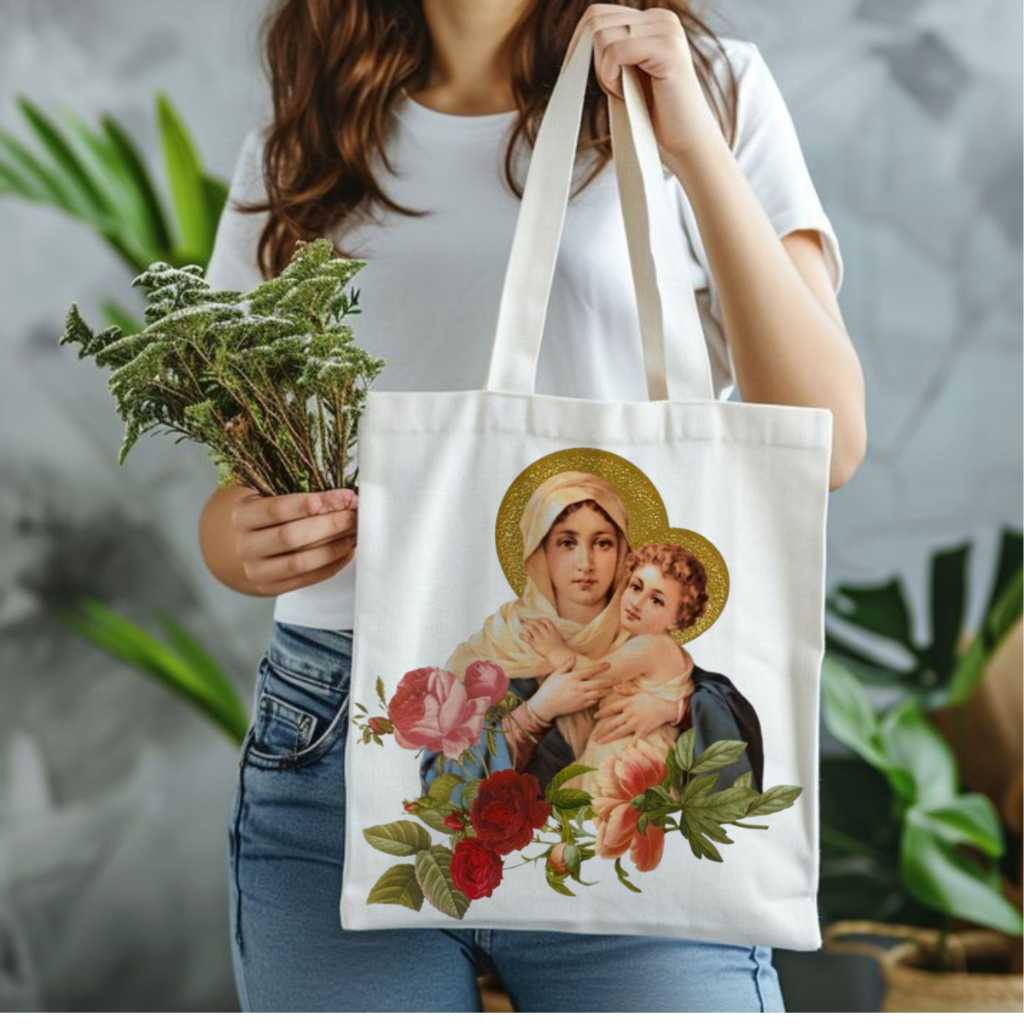 Bolsa sacola Ecobag feminina,unissex MÃE RAINHA,moda cristã,católica,casual,verão Bolsa sacola Ecobag feminina,unissex MÃE RAINHA,moda cristã,católica,casual,verão