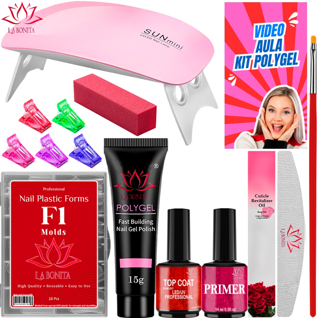 Kit Alongamento de Unha Polygel Cabine Estufa Sun Mini 6w Top Coat Primer 100 Moldes F1Gel Acrigel Kit Alongamento de Unha Polygel Cabine Estufa Sun Mini 6w Top Coat Primer 100 Moldes F1Gel Acrigel
