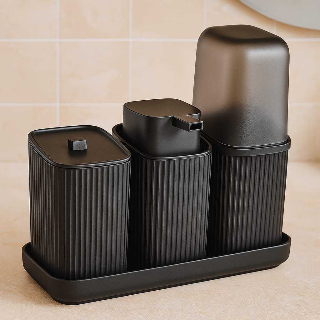 Kit 3 Pecas Banheiro Com Bandeja Dispenser Porta Algodão Porta Escovas Porta Sabonete Liquido 400 Ml Pratico E Moderno Kit 3 Pecas Banheiro Com Bandeja Dispenser Porta Algodão Porta Escovas Porta Sabonete Liquido 400 Ml Pratico E Moderno
